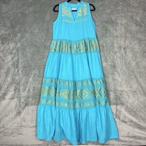 Sleeveless Turquoise Maxi Dress with Gold Embroidery
